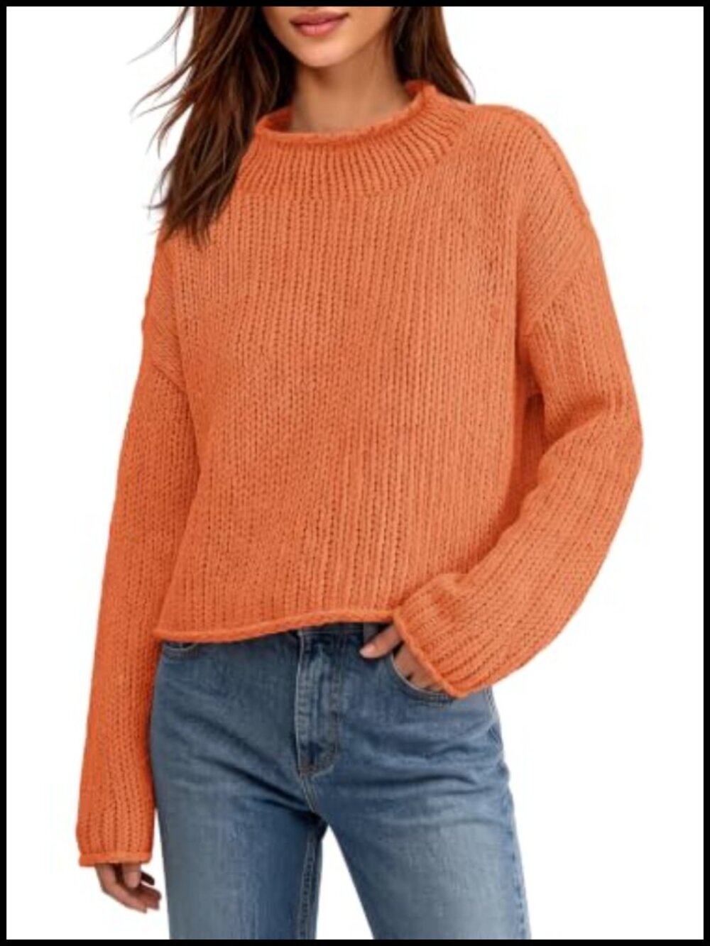 Chunky Knit Cropped Sweater Mock Neck Oversized Womens Fall Pullover